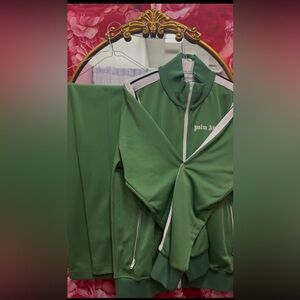 Palm Angels Green Track Jacket with White Trim and Pants